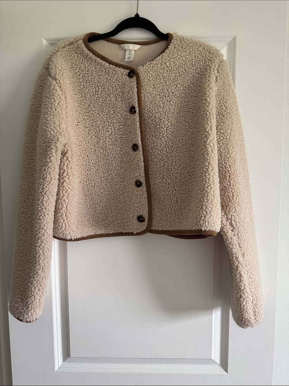 H&M Cream Teddy Sherpa Jacket with Brown Trim